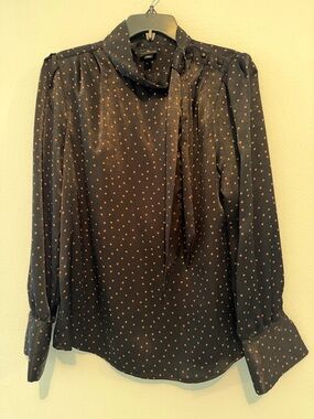 Worthington Navy Blouse with Tan Polka Dots and Tie Neck